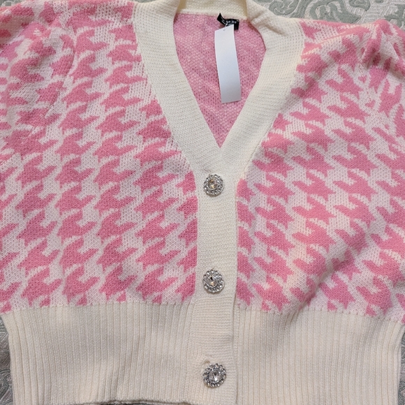 Pink Preppy Womens Houndstooth Pattern Lantern Sleeve Cardigan - Picture 6 of 12